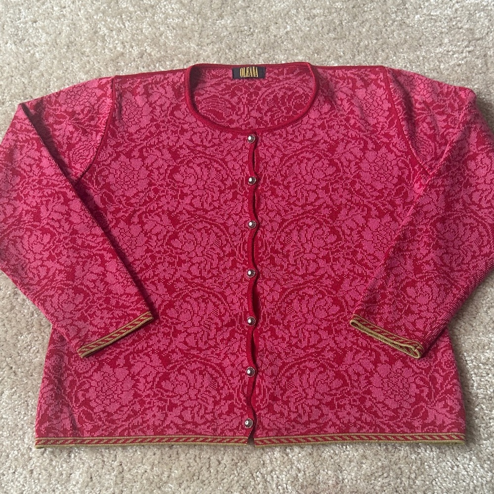 OLEANA  SMALL Elegant dark pink /green trim  silk/wool floral cardigan